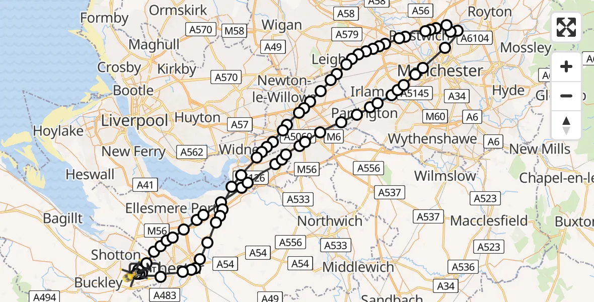 Flight path map showing Police Helicopter route from Hawarden Airport to Broughton and Bretton