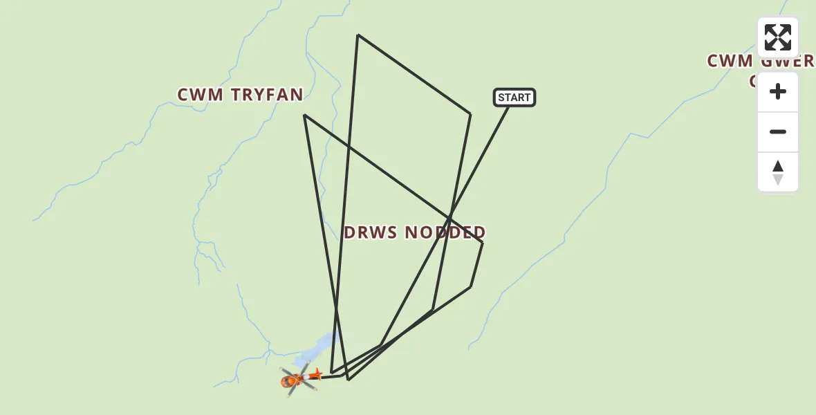Flight path map showing Coastguard Helicopter route from Capel Curig to Capel Curig