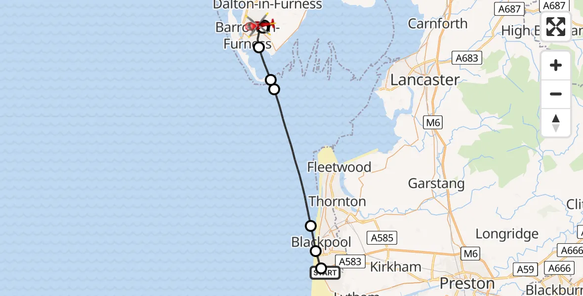 Flight path map showing Air Ambulance Helicopter route from Blackpool Airport to Barrow-in-Furness