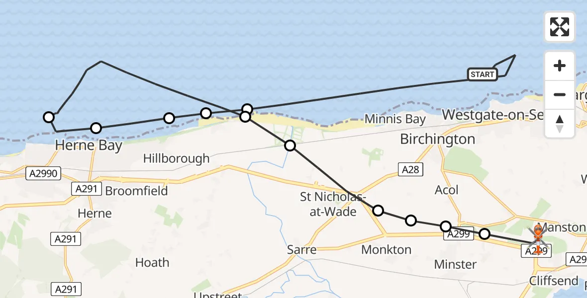 Flight path map showing Coastguard Helicopter route from North Sea to Manston Airport