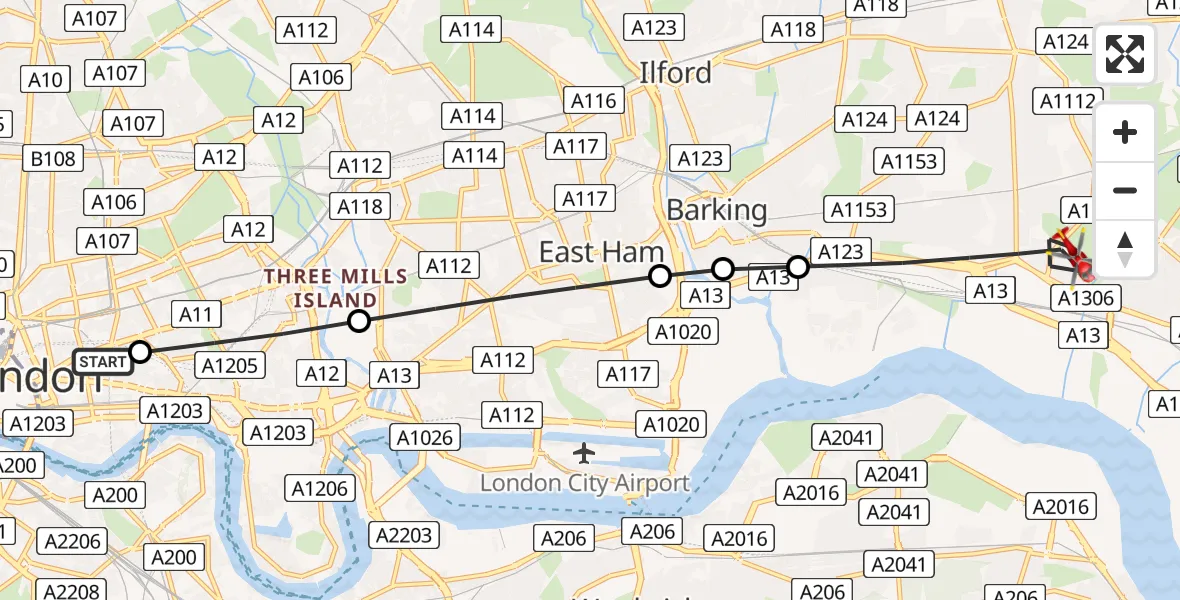 Flight path map showing Air Ambulance Helicopter route from Royal London Hospital to London Borough of Barking and Dagenham