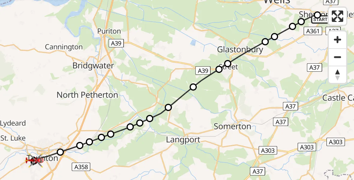 Flight path map showing Air Ambulance Helicopter route from Shepton Mallet to Musgrove Hospital
