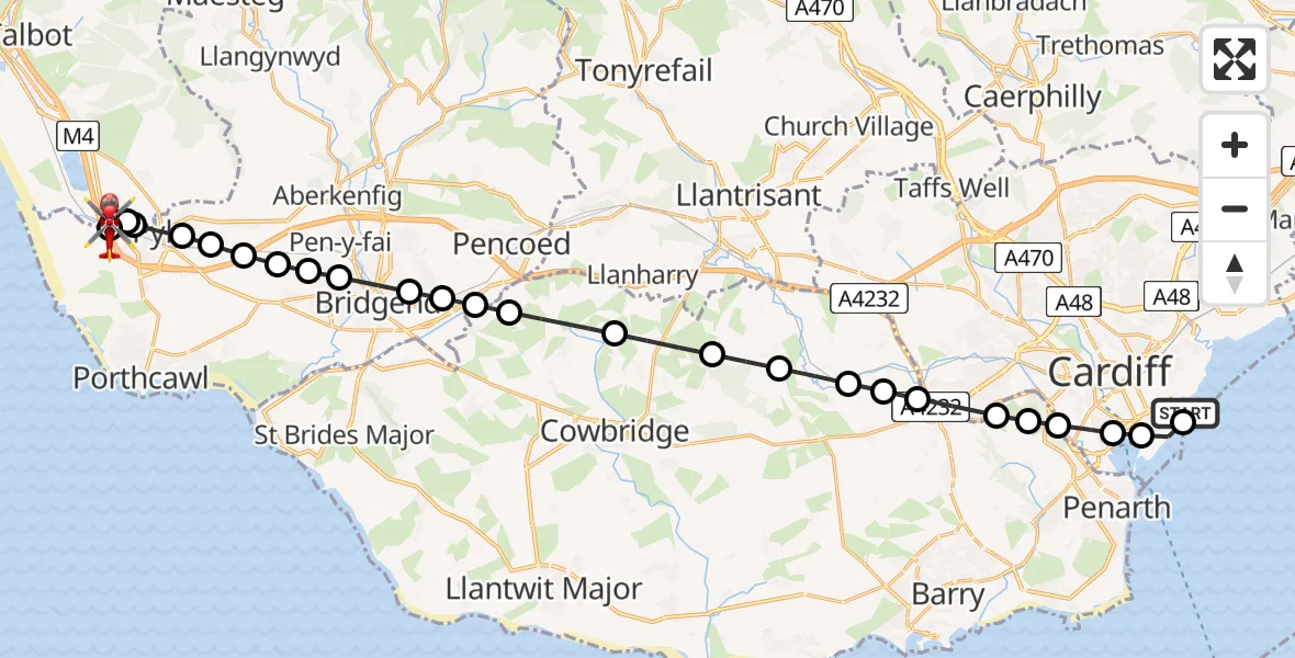 Flight path map showing Air Ambulance Helicopter route from Cardiff Heliport to Mawdlam