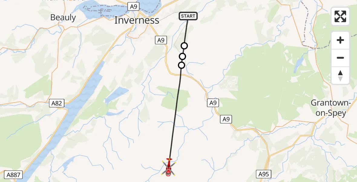 Flight path map showing Air Ambulance Helicopter route from Newlands of Culloden to Moy