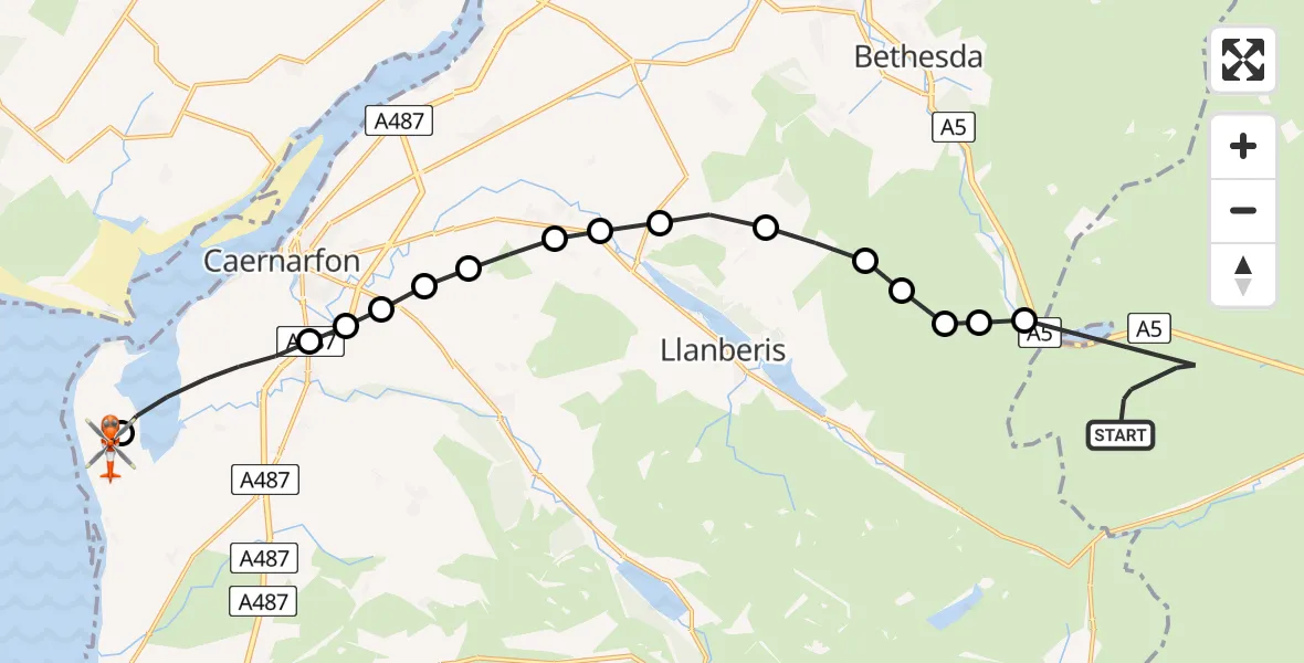 Flight path map showing Coastguard Helicopter route from Capel Curig to Caernarfon Airport