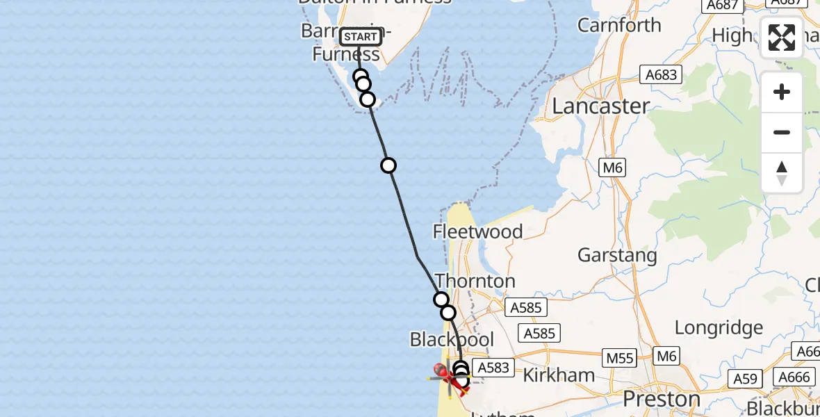 Flight path map showing Air Ambulance Helicopter route from Barrow-in-Furness to Fylde
