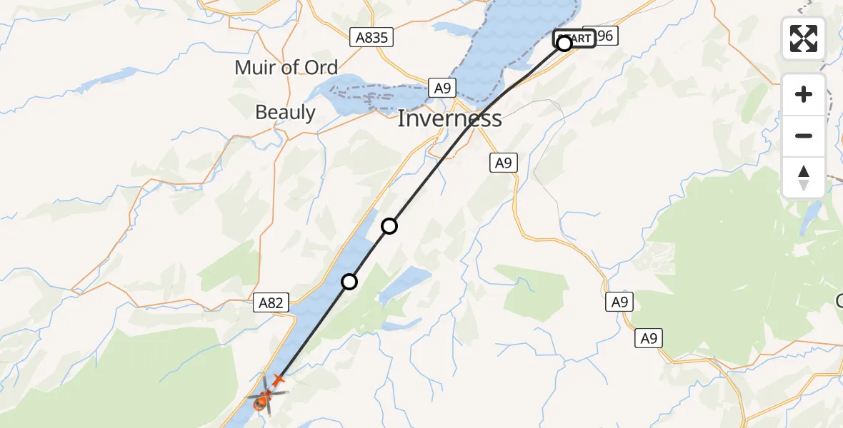 Flight path map showing Coastguard Helicopter route from Inverness Airport to Loch Ness