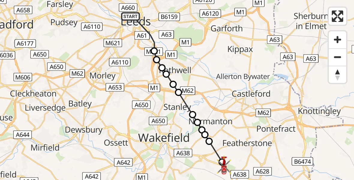 Flight path map showing Air Ambulance Helicopter route from Leeds to YAA Nostell Helicopter Port