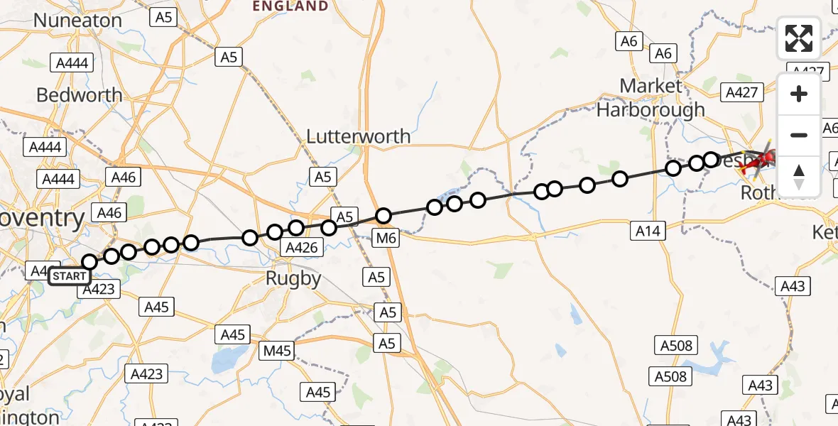 Flight path map showing Air Ambulance Helicopter route from Coventry Airport to Desborough