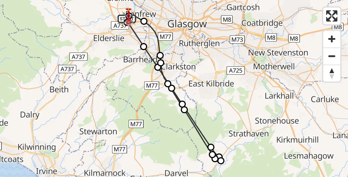 Flight path map showing Air Ambulance Helicopter route from Glasgow Airport to Glasgow Airport