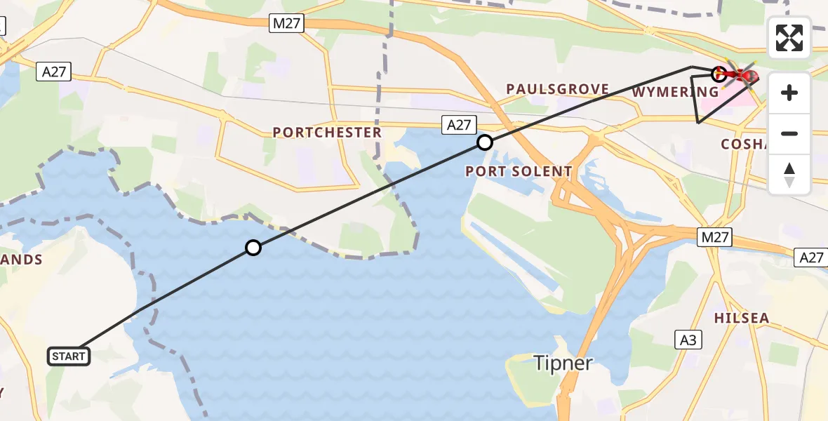 Flight path map showing Air Ambulance Helicopter route from Gosport to Queen Alexandra Hospital