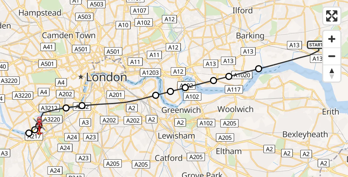 Flight path map showing Air Ambulance Helicopter route from London Borough of Barking and Dagenham to London Heliport
