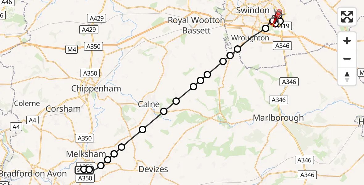 Flight path map showing Air Ambulance Helicopter route from Wiltshire Air Ambulance to Eldene