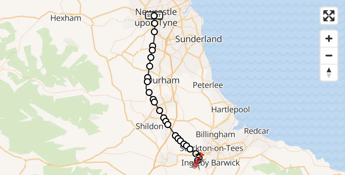 Flight path map showing Air Ambulance Helicopter route from Newcastle Royal Victoria Infirmary to Egglescliffe
