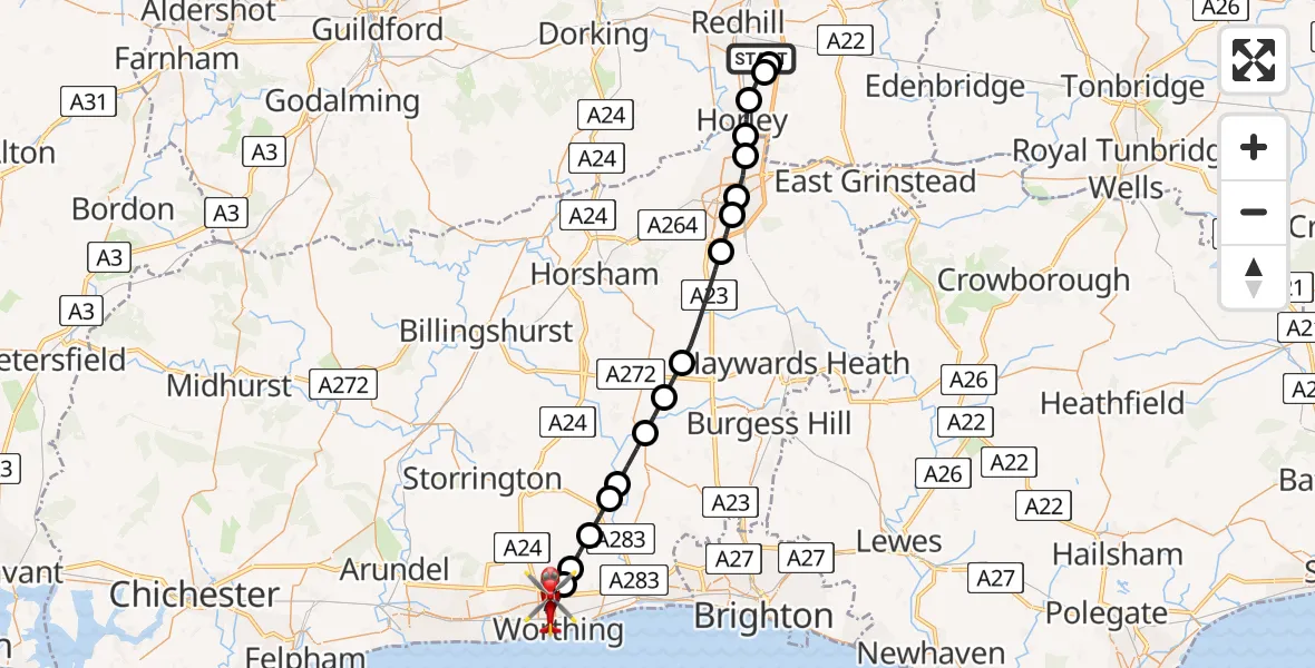 Flight path map showing Air Ambulance Helicopter route from Redhill Aerodrome to Worthing