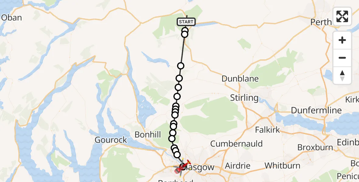 Flight path map showing Air Ambulance Helicopter route from Lochearnhead to Queen Elizabeth Hospital