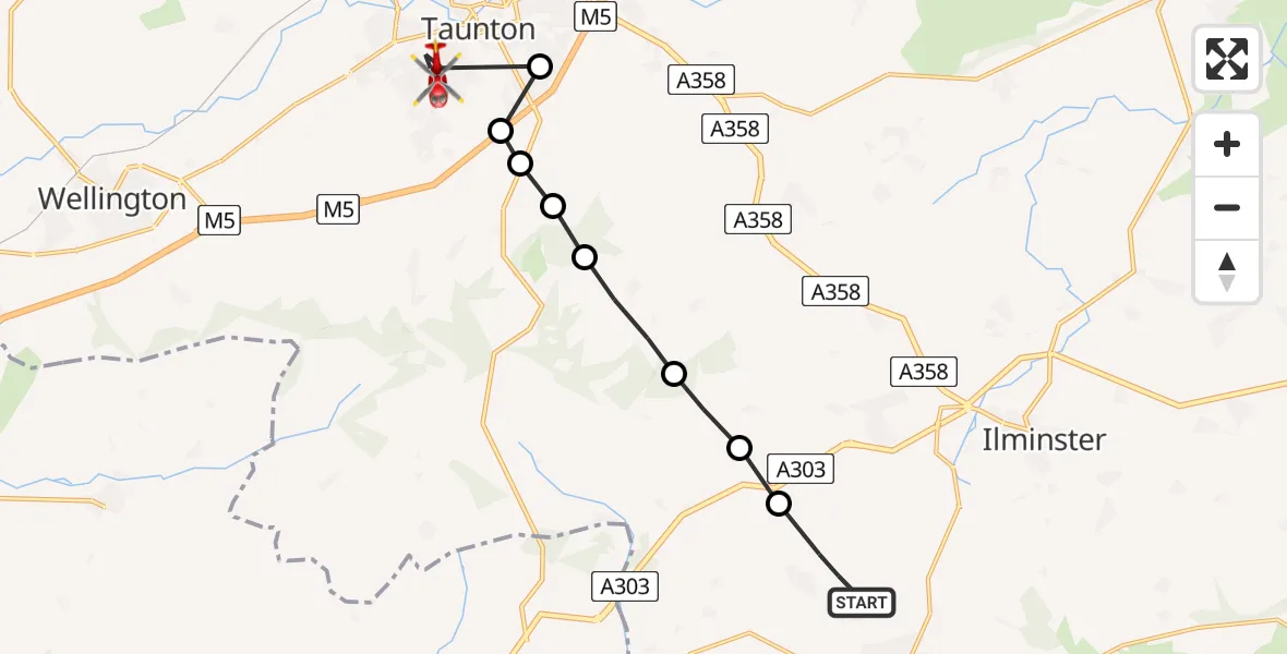 Flight path map showing Air Ambulance Helicopter route from Wadeford to Taunton