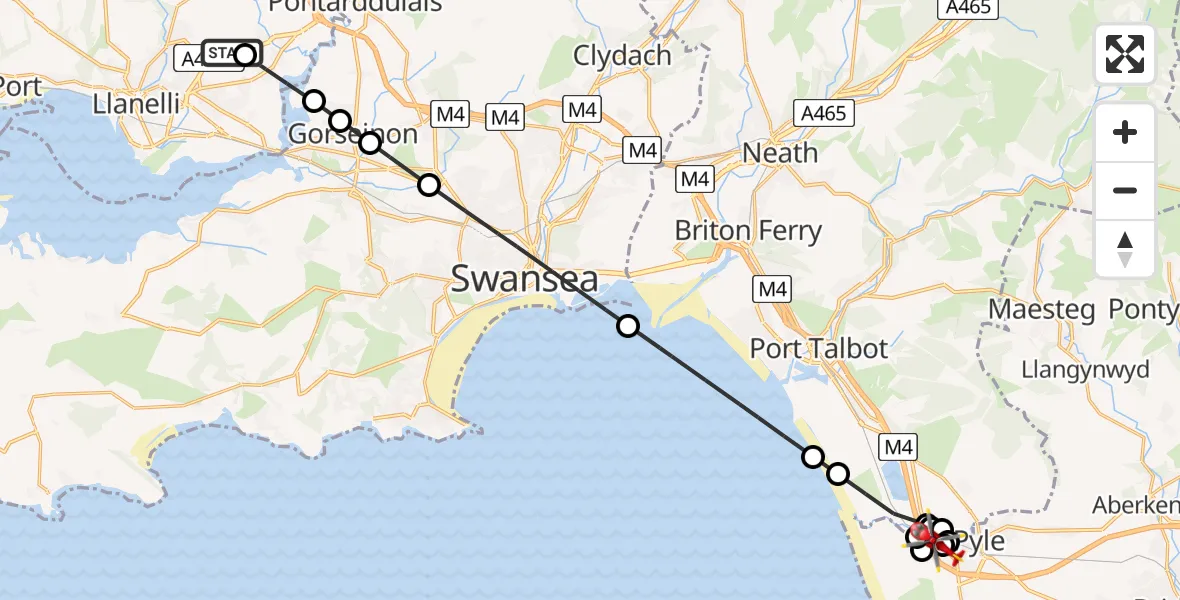 Flight path map showing Air Ambulance Helicopter route from Dafen to Mawdlam