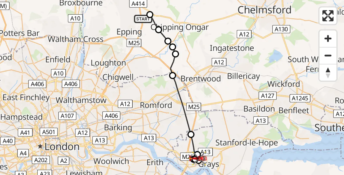 Routekaart van de vlucht: Air Ambulance Helicopter to South Ockendon, Rainbow Road