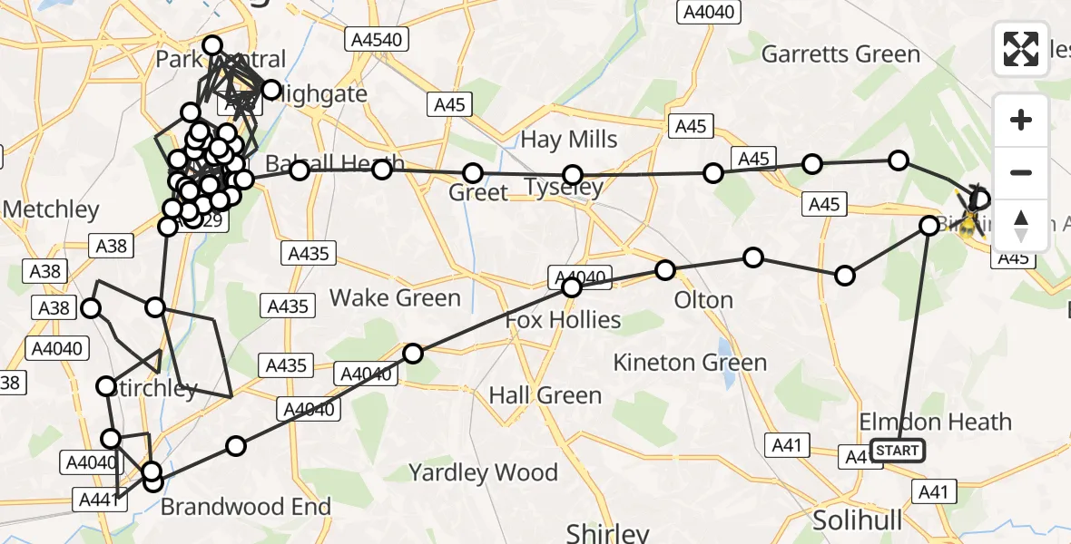 Flight path map showing Police Helicopter route from Elmdon Heath to Birmingham Airport