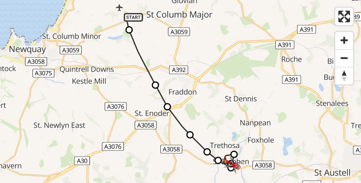 Flight path map showing Air Ambulance Helicopter route from Cornwall Airport Newquay to Trethosa
