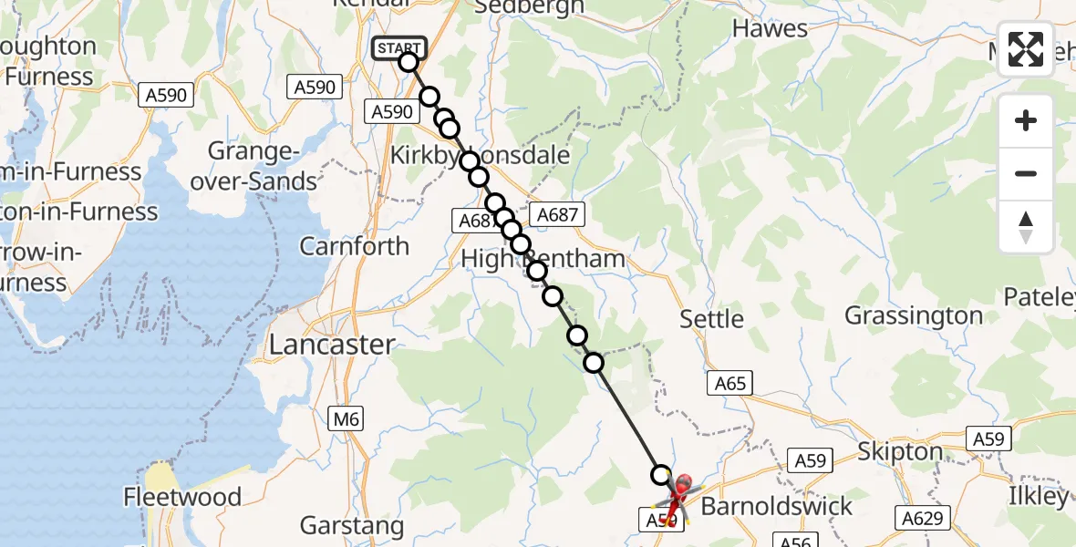 Flight path map showing Air Ambulance Helicopter route from Stainton to Sawley