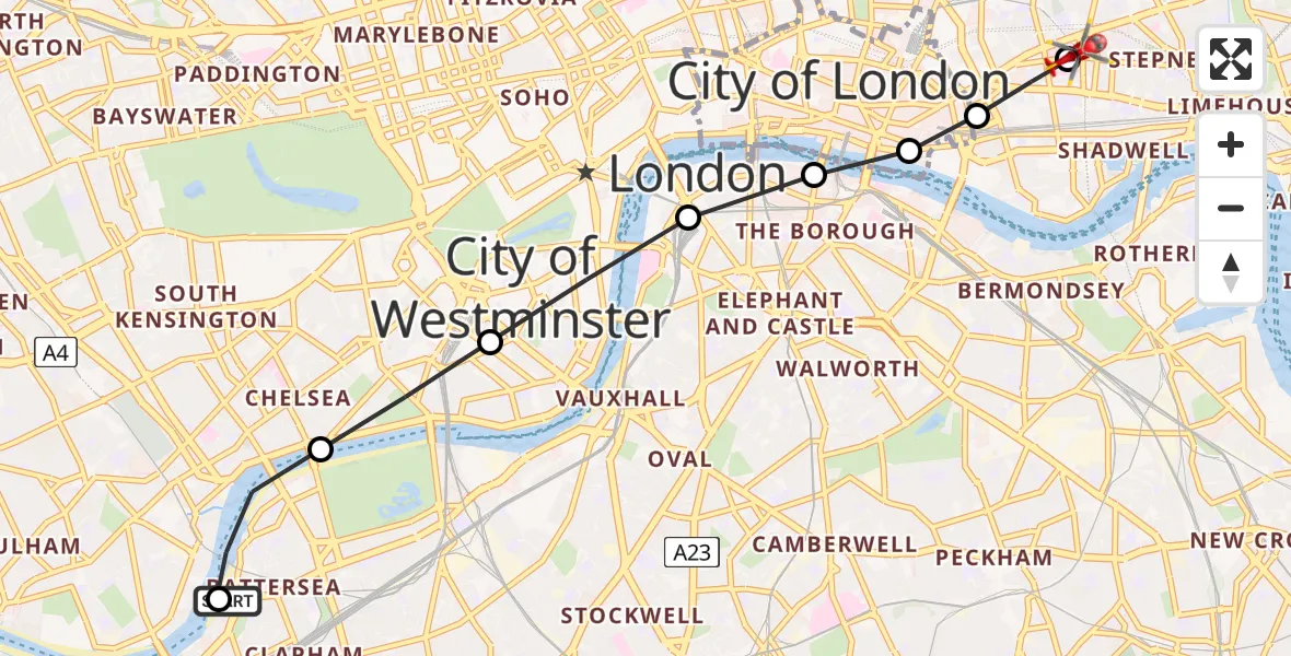 Flight path map showing Air Ambulance Helicopter route from London Heliport to Royal London Hospital