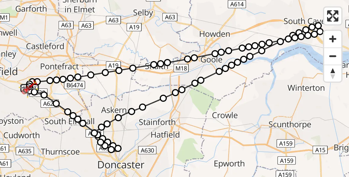Flight path map showing Air Ambulance Helicopter route from YAA Nostell Helicopter Port to YAA Nostell Helicopter Port