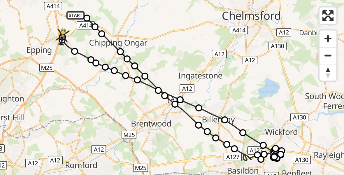 Flight path map showing Police Helicopter route from North Weald Bassett to North Weald Bassett