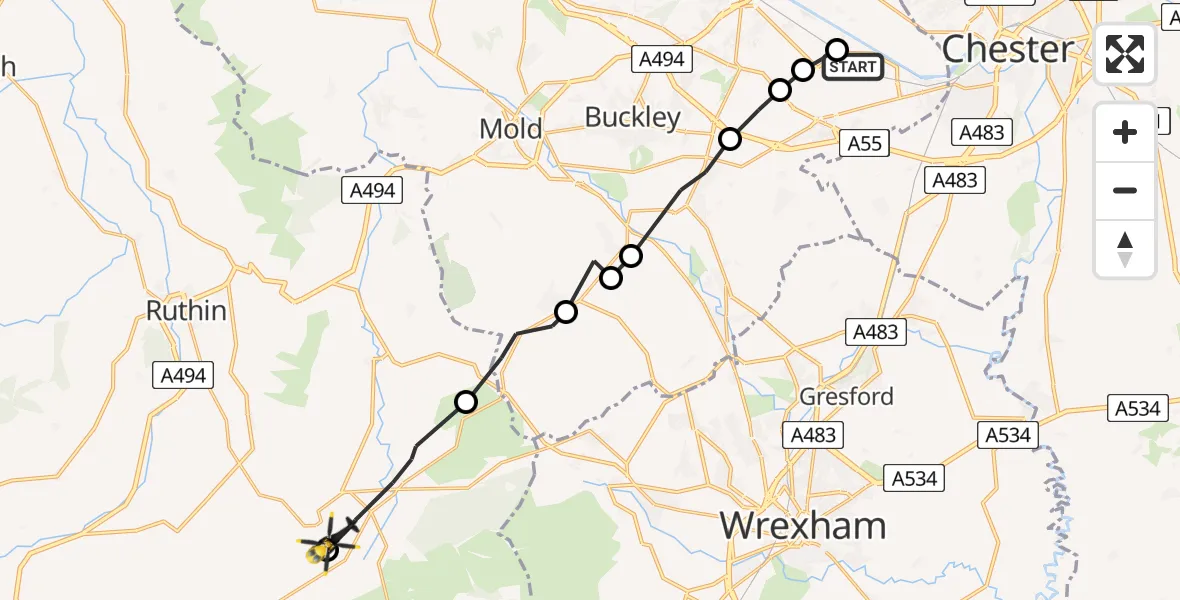 Flight path map showing Police Helicopter route from Hawarden Airport to Llandegla