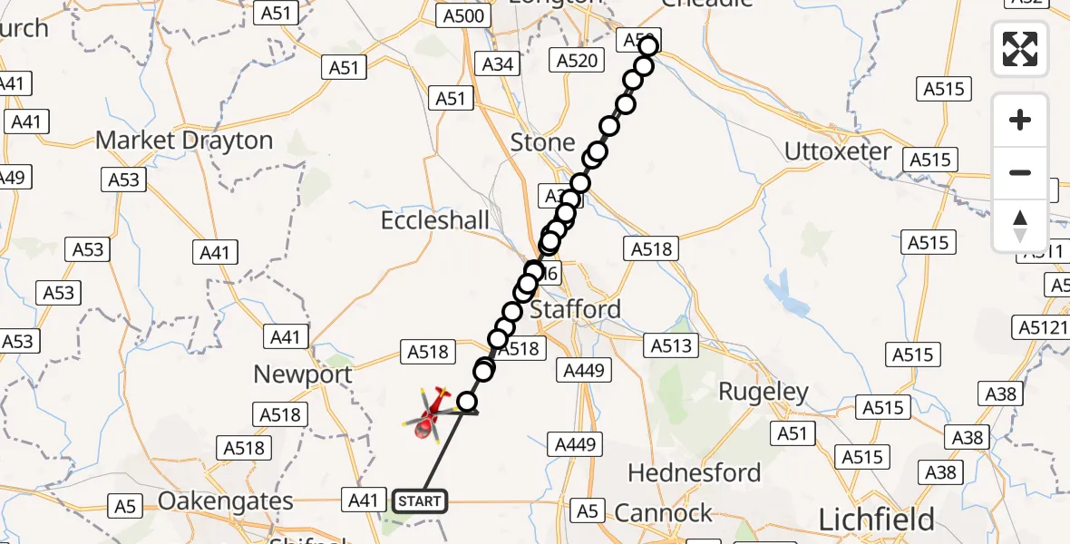 Flight path map showing Air Ambulance Helicopter route from Weston under Lizard to Church Eaton