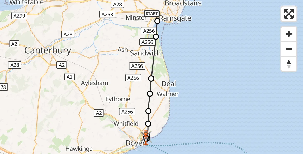 Flight path map showing Coastguard Helicopter route from Manston Airport to Langdon Battery Heliport