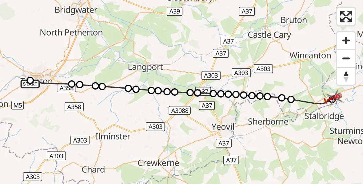 Flight path map showing Air Ambulance Helicopter route from Musgrove Hospital to Henstridge Airfield