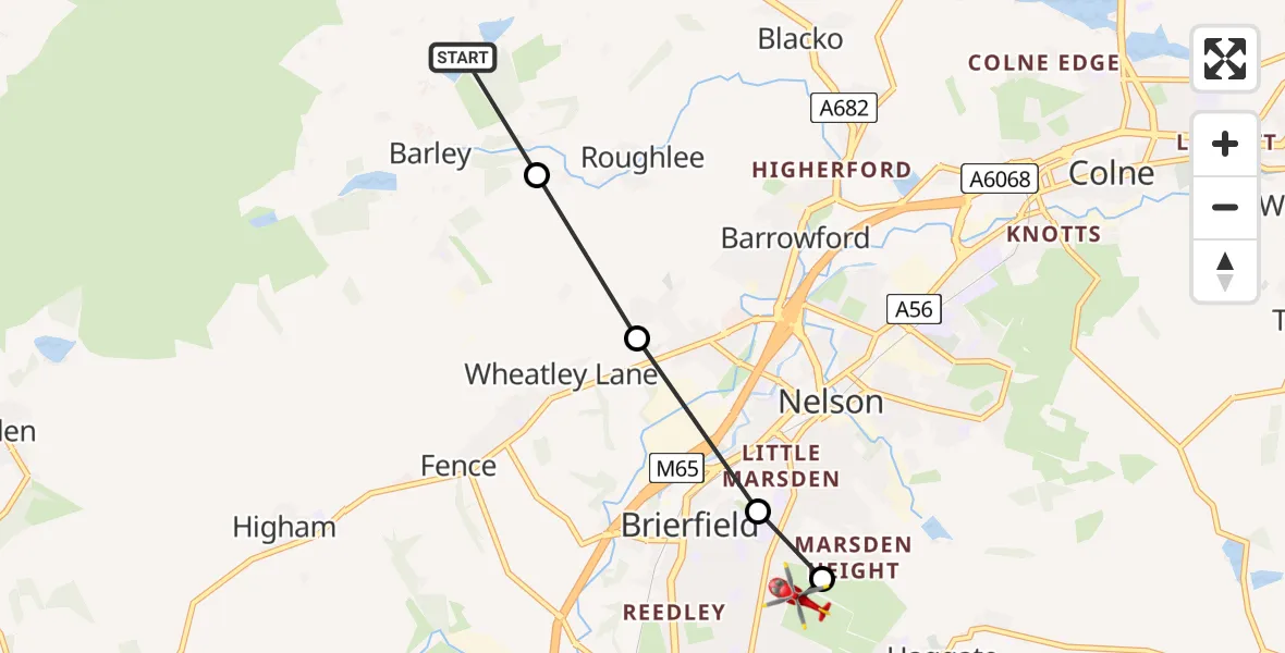 Flight path map showing Air Ambulance Helicopter route from Barley to Brierfield