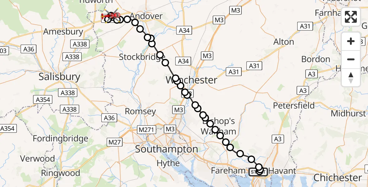 Flight path map showing Air Ambulance Helicopter route from Queen Alexandra Hospital to Thruxton Aerodrome