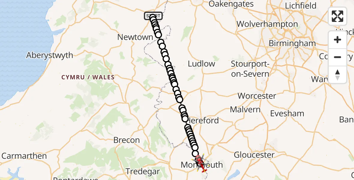 Flight path map showing Air Ambulance Helicopter route from Welshpool Airport to Monmouth