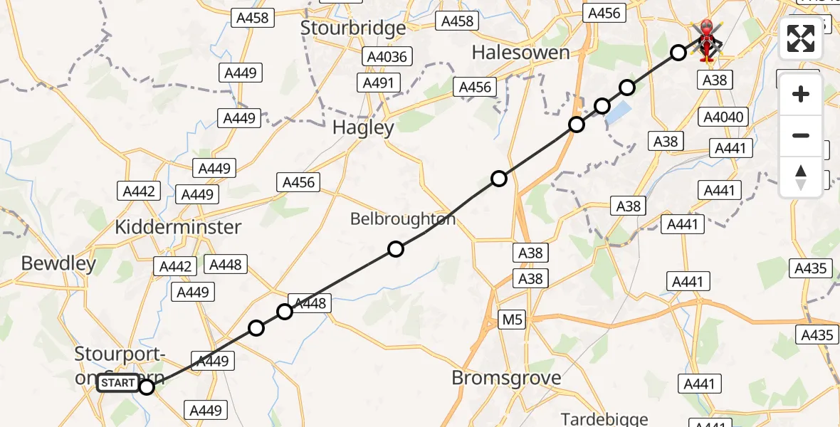 Routekaart van de vlucht: Air Ambulance Helicopter to Queen Elizabeth Hospital Helipad