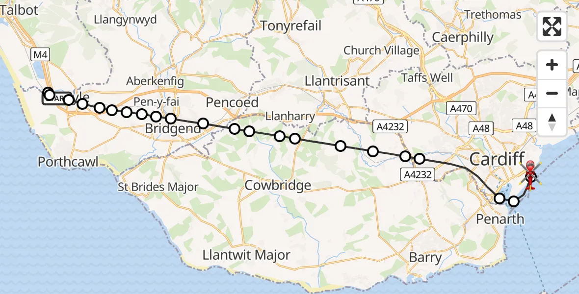 Flight path map showing Air Ambulance Helicopter route from Mawdlam to Cardiff Heliport
