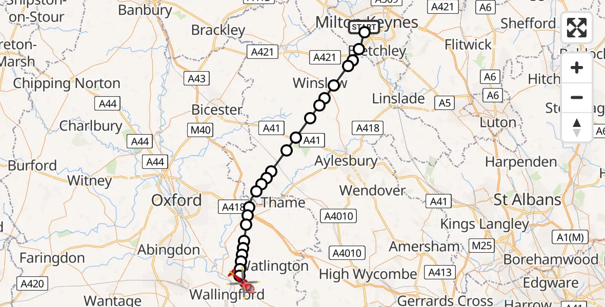 Flight path map showing Air Ambulance Helicopter route from Milton Keynes to RAF Benson