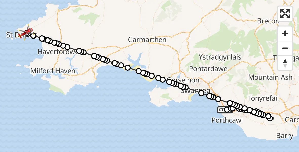Routekaart van de vlucht: Air Ambulance Helicopter to St Davids, Ffos Y Mynach