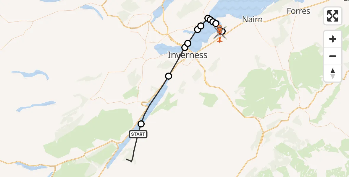 Flight path map showing Coastguard Helicopter route from Foyers to Inverness Airport