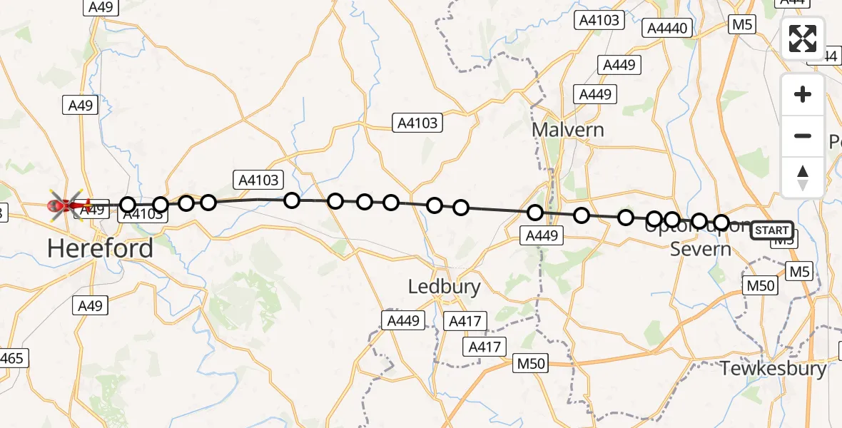 Flight path map showing Air Ambulance Helicopter route from Hill Croome to Holmer & Shelwick