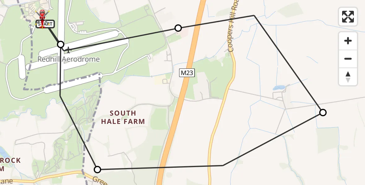Flight path map showing Air Ambulance Helicopter route from Redhill Aerodrome to Redhill Aerodrome