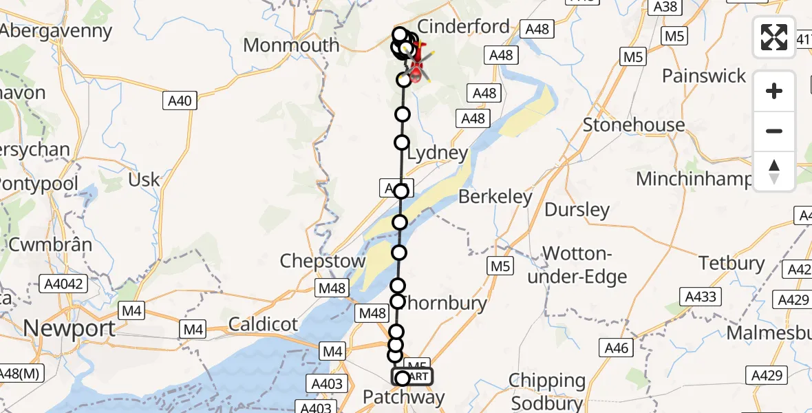 Flight path map showing Air Ambulance Helicopter route from Almondsbury Helicopter Base to Forest of Dean