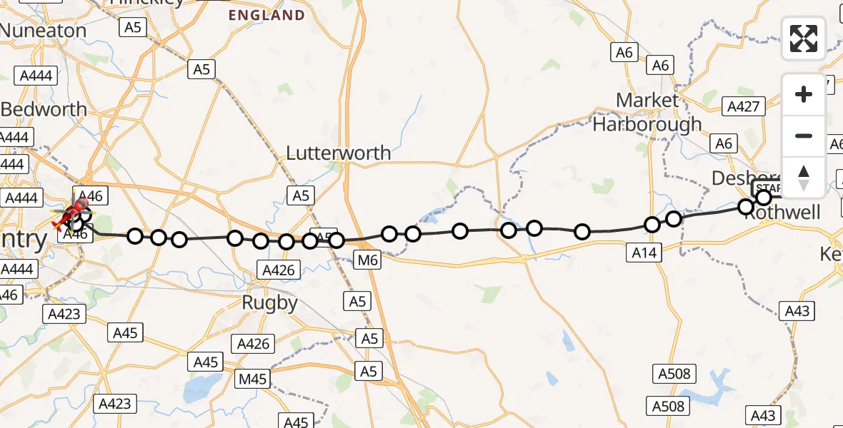 Flight path map showing Air Ambulance Helicopter route from Desborough to Coventry