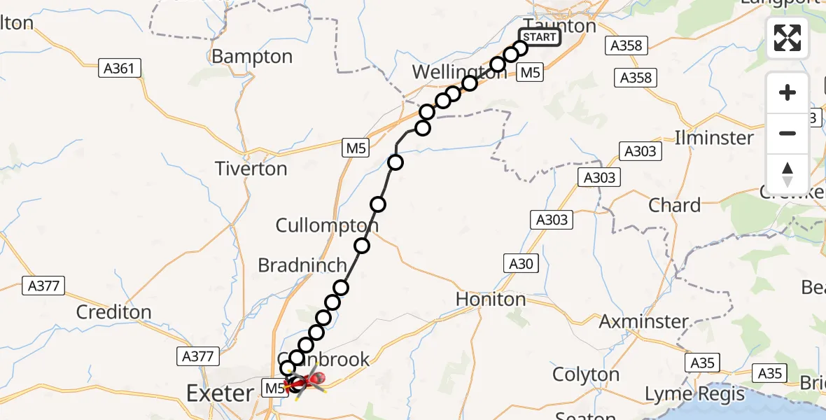Flight path map showing Air Ambulance Helicopter route from Taunton to Exeter International Airport