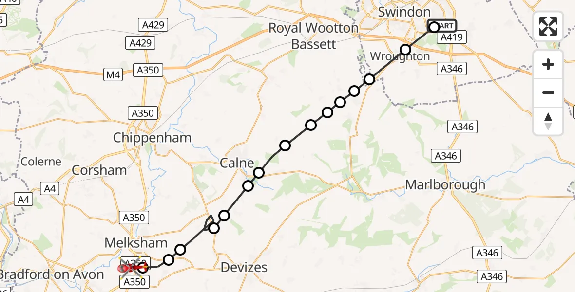 Flight path map showing Air Ambulance Helicopter route from Eldene to Wiltshire Air Ambulance