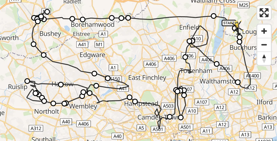 Routekaart van de vlucht: Police Helicopter to Sewardstonebury, Bury Road
