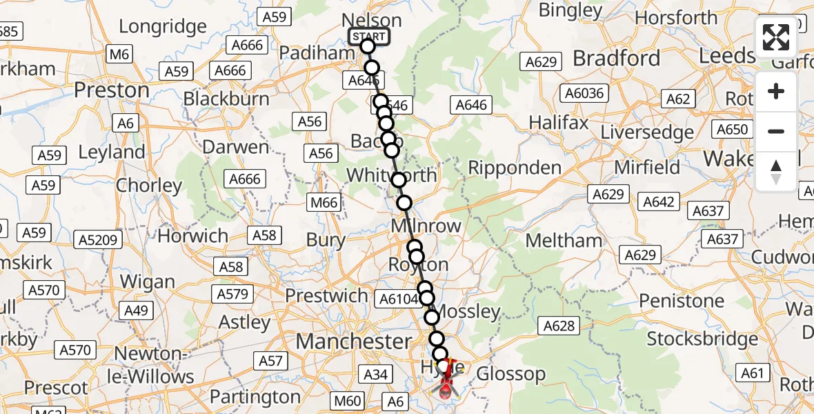 Flight path map showing Air Ambulance Helicopter route from Brierfield to Hyde