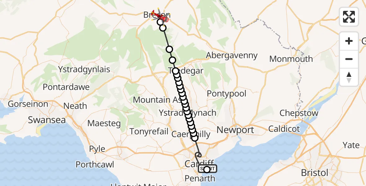 Flight path map showing Air Ambulance Helicopter route from Cardiff Heliport to Brecon
